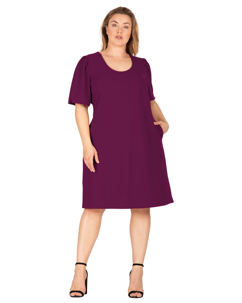 Front of a model wearing a size 1X Zoe Puffed Sleeve Midi Dress in Purple by Standards & Practices. | dia_product_style_image_id:276143